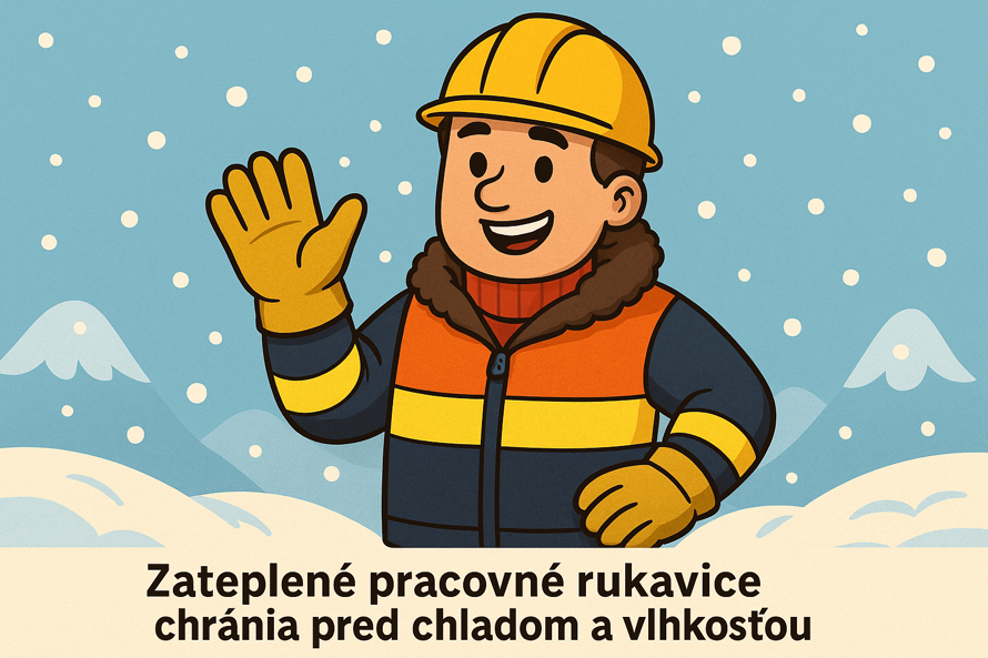 Detail zateplených pracovných rukavíc na snehu – ochrana rúk pri práci v zimnom počasí.