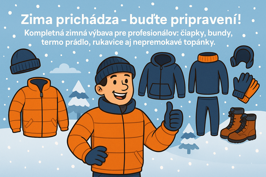 Kompletná zimná pracovná výbava vrátane bundy, rukavíc, čiapky, termo prádla a topánok.