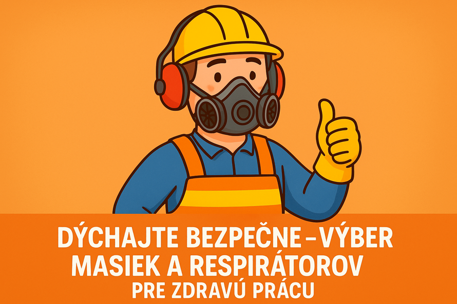 Muž v ochrannom pracovnom oblečení s respirátorom a okuliarmi počas práce v dielni – ukážka správneho používania masky na ochranu dýchacích ciest.