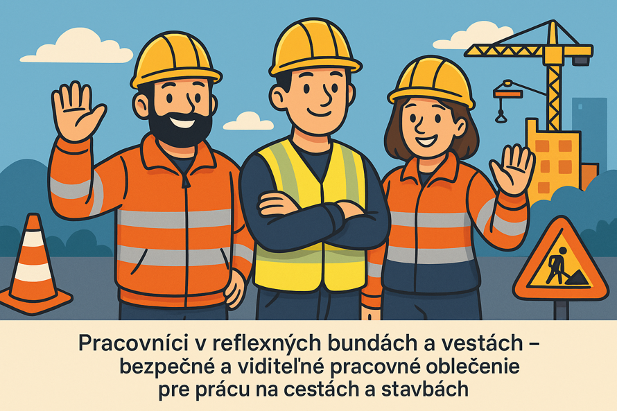Skupina pracovníkov v HI-VIS reflexných odevoch počas práce na ceste – ukážka reflexného pracovného oblečenia zvyšujúceho viditeľnosť a bezpečnosť.