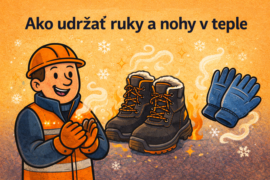 Pracovník v zime so zateplenými pracovnými rukavicami a bezpečnostnou obuvou