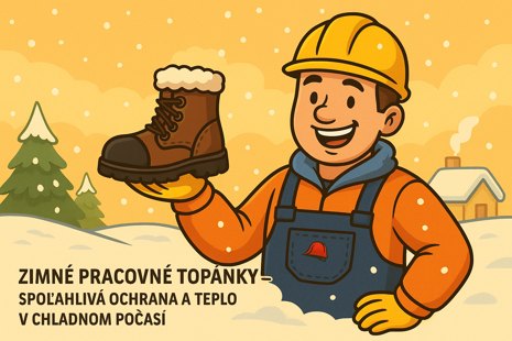 Detail zimných pracovných topánok na zasneženom podklade – ukážka bezpečnej a zateplenej pracovnej obuvi do chladného zimného počasia.