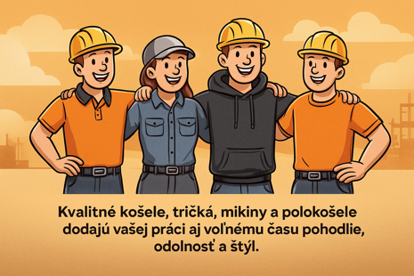 Pracovné tričká, mikiny, košele a polokošele uložené na stole ako súčasť pracovnej výbavy.