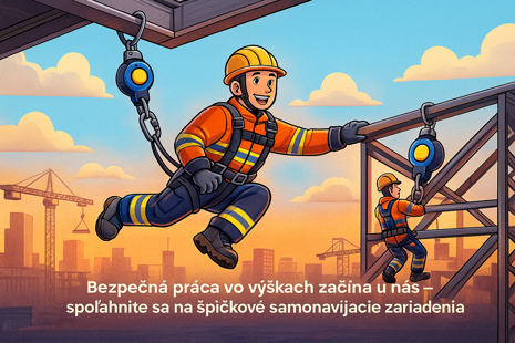 Pracovník pripútaný samonavíjacím zariadením pri práci na konštrukcii vo výške.