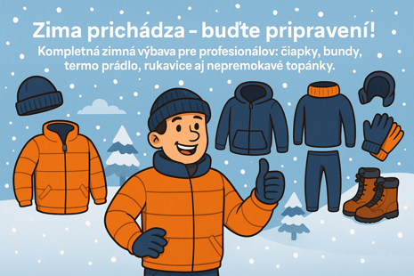 Kompletná zimná pracovná výbava vrátane bundy, rukavíc, čiapky, termo prádla a topánok.