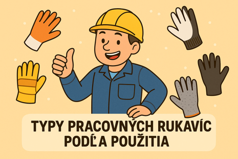 Ukážka rôznych typov pracovných rukavíc – kožené, textilné, latexové a protišmykové rukavice určené na ochranu rúk pri rôznych druhoch práce.